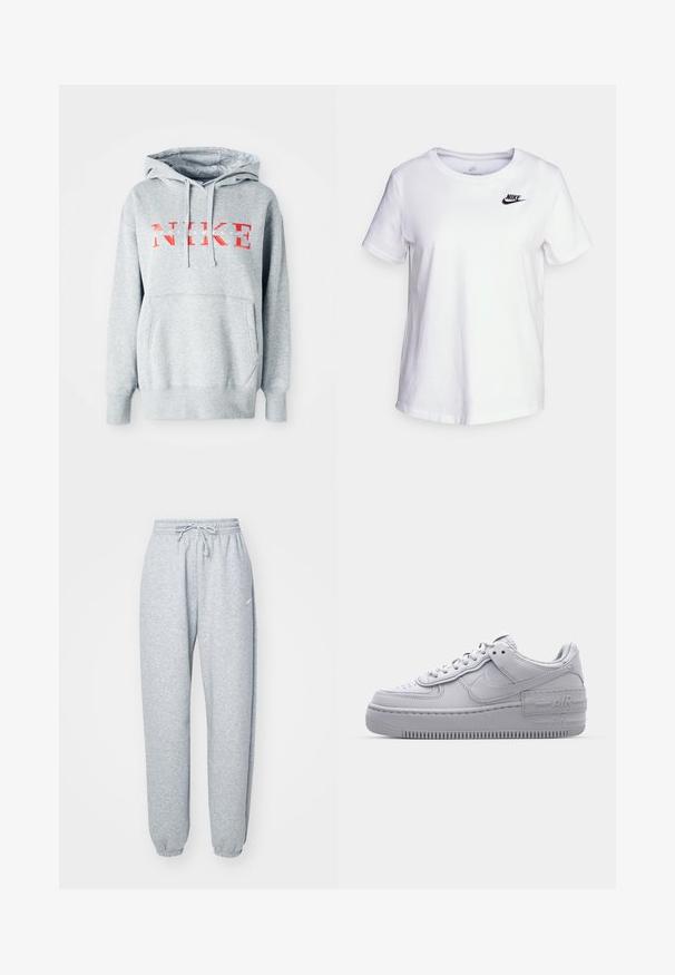 Grå sweatshirt med hætte, prydet med "NIKE" i fed rød tekst og "SPORTSWEAR" i mindre hvid tekst. Inkluderer en frontkangaroo-lomme.; Hvid bomulds t-shirt med rund halsudskæring og korte ærmer. Har et sort Nike-logo i det øverste venstre brystområde.; Lysgrå sweatpants lavet af blød bomuldsblanding, med elastisk talje og snoretræk, tapered ben og ribbede manchetter. Minimal brandingdetalje.; Grå Nike Air Force 1 sneakers med perforeret tå, glat læderoverdel, tyk sål og præget 'AIR' detalje på hælen.