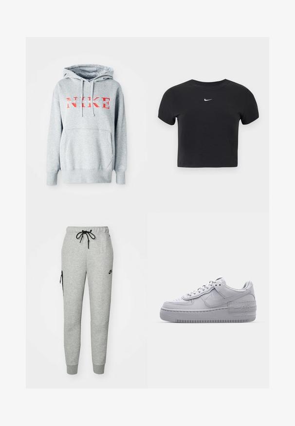 Grauer Hoodie mit Kapuze, der "NIKE" in fettem roten Text und "SPORTSWEAR" in kleinerem weißen Text zeigt. Enthält eine frontale Kängurutasche.; Schwarzes, kurz geschnittenes T-Shirt aus Baumwolle mit rundem Ausschnitt und kurzen Ärmeln. Auffälliges weißes Nike-Logo auf der Brust.; Graue Jogginghose aus weichem Material mit einem Zugbandbund, schmal zulaufenden Beinen und einer Reißverschlusstasche auf der linken Seite. Mit schwarzem Logo.; Graue Nike Air Force 1 Sneaker mit perforierter Zehenpartie, Obermaterial aus glattem Leder, dicker Sohle und geprägtem 'AIR'-Detail an der Ferse.
