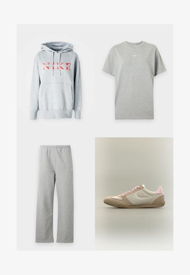 Sweatshirt gris avec capuche, arborant "NIKE" en texte rouge en gras et "SPORTSWEAR" en texte blanc plus petit. Comprend une poche kangourou à l'avant.; T-shirt gris en coton à manches courtes avec col rond et petit logo Nike swoosh blanc centré sur la poitrine.; Pantalon de jogging gris clair avec une ceinture élastique et un petit logo blanc Nike sur le haut de la cuisse, présenté à plat sur fond blanc.; Baskets basses beige et blanc avec des lacets roses et un accent au talon, montrant le swoosh Nike sur le côté sur un fond uni.