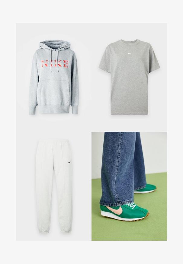 Grå sweatshirt med hætte, prydet med "NIKE" i fed rød tekst og "SPORTSWEAR" i mindre hvid tekst. Inkluderer en frontkangaroo-lomme.; Grå kortærmet bomuld T-shirt med rund hals og lille hvid Nike swoosh logo centreret på brystet.; Lysegrå Nike joggingbukser med elastisk taljebånd, tilspidsede manchetter og et lille sort logo på venstre lår. Blødt, tekstureret stof.; Grønne atletiske sko med pink swoosh, snørebånd-design, tekstureret stof og hvide gummisåler. Kombineret med brede blå denimbukser.
