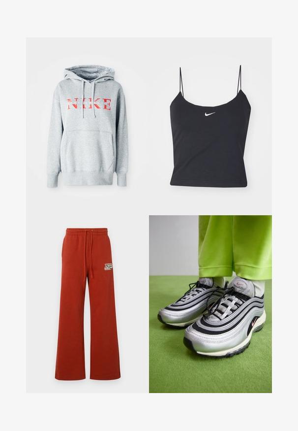 Sudadera gris con capucha, que presenta "NIKE" en texto rojo negrita y "SPORTSWEAR" en texto blanco más pequeño. Incluye un bolsillo frontal tipo canguro.; Top negro sin mangas con escote redondeado, tirantes finos y un logo de Nike blanco centrado. Hecho de un tejido suave, con un diseño ajustado.; Pantalones deportivos rojos de pierna ancha con cinturilla elástica y cordón. Presentan un logo de Nike estampado en el lado izquierdo. Textura suave, diseño casual.; Las zapatillas Nike Air Max 97 en plata y negro cuentan con un diseño ondulado, materiales de malla y cuero, cordones negros y un logo de acento en rosa.