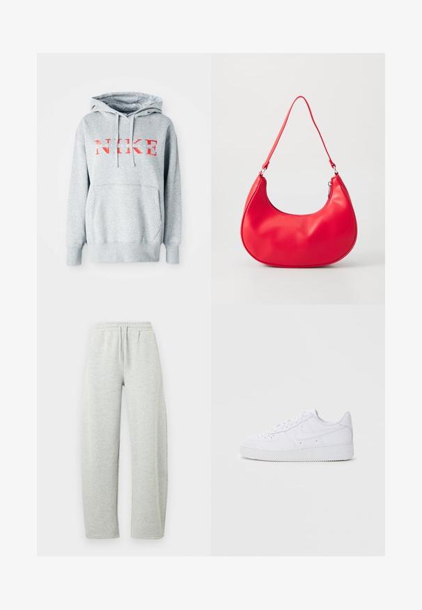 Grå sweatshirt med hætte, prydet med "NIKE" i fed rød tekst og "SPORTSWEAR" i mindre hvid tekst. Inkluderer en frontkangaroo-lomme.; Lysegrå joggingbukser med elastisk linning og snørre. Stoffet har en blød tekstur og lige, løstsiddende ben.; Hvide Nike Air Force 1 sneakers med læderoverdel, rund tå, snørelukning, polstret krave og struktureret gummisål.; Rød syntetisk læder skuldertaske med en buet form, slank rem og lynlås lukning. Glat tekstur med synlige syninger.