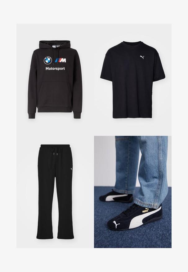 Sweat à capuche noir avec poche ventrale, logo rond BMW, logo bande M bleu-rouge, et texte "Motorsport" sur la poitrine.; T-shirt en coton noir à manches courtes, col rond, avec un logo Puma blanc sur le côté supérieur gauche de la poitrine. Coupe classique, texture lisse.; Pantalons de survêtement noirs avec taille élastique et cordon de serrage, dotés de poches latérales et d'un logo discret sur la jambe gauche. Tissu doux, forme évasée.; Baskets en daim noir avec accents blancs, arborant un logo doré. Portées avec un jean en denim bleu clair et posées sur une surface bleue texturée.