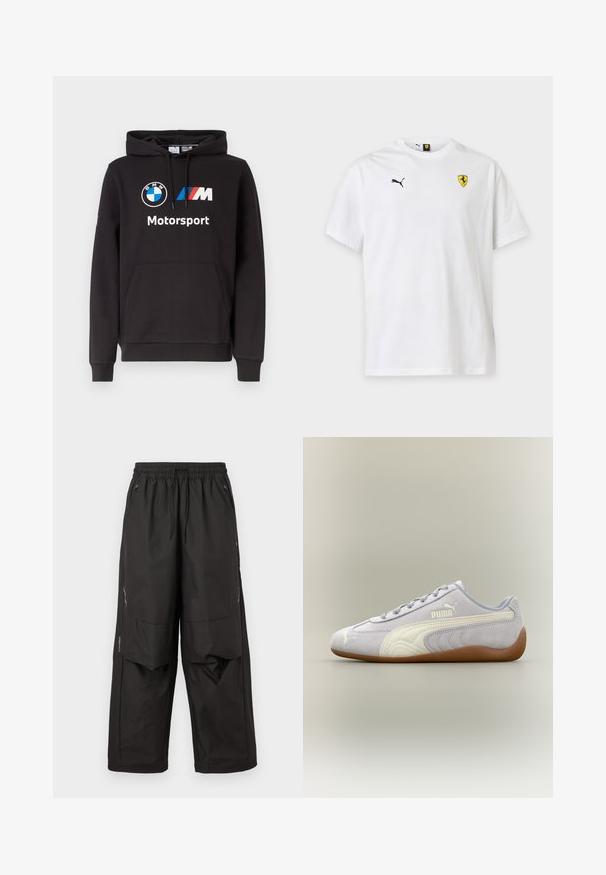 Sweat à capuche noir avec poche ventrale, logo rond BMW, logo bande M bleu-rouge, et texte "Motorsport" sur la poitrine.; T-shirt blanc Puma à manches courtes avec un petit logo Puma noir sur la poitrine gauche et un écusson jaune Ferrari sur la poitrine droite.; Pantalon ample noir avec taille élastique, poches zippées à l'avant, panneaux aux genoux et détails réfléchissants subtils sur les côtés.; Baskets Puma en daim gris clair avec détail de bande blanche et semelle en gomme, vues de côté extérieur sur fond neutre.