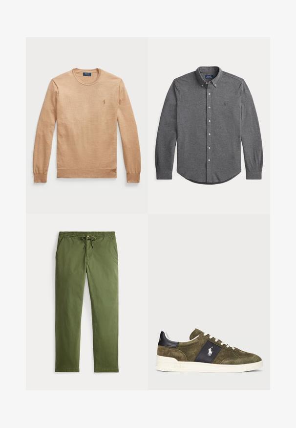 Pull beige à manches longues avec col rond, fabriqué dans un tissu texturé. Présente un logo brodé sur la poitrine gauche.; Chemise à manches longues gris foncé à boutons, avec un col boutonné et un logo brodé subtil sur la poitrine gauche.; Pantalons décontractés pour homme en vert olive avec taille élastique, cordon de serrage, fermeture à bouton et poches latérales, présentés à plat sur fond blanc.; Baskets en suede vert olive avec un panneau d'accent marine, des lacets blancs et un logo. Présentent une surface texturée et une semelle en caoutchouc blanche.