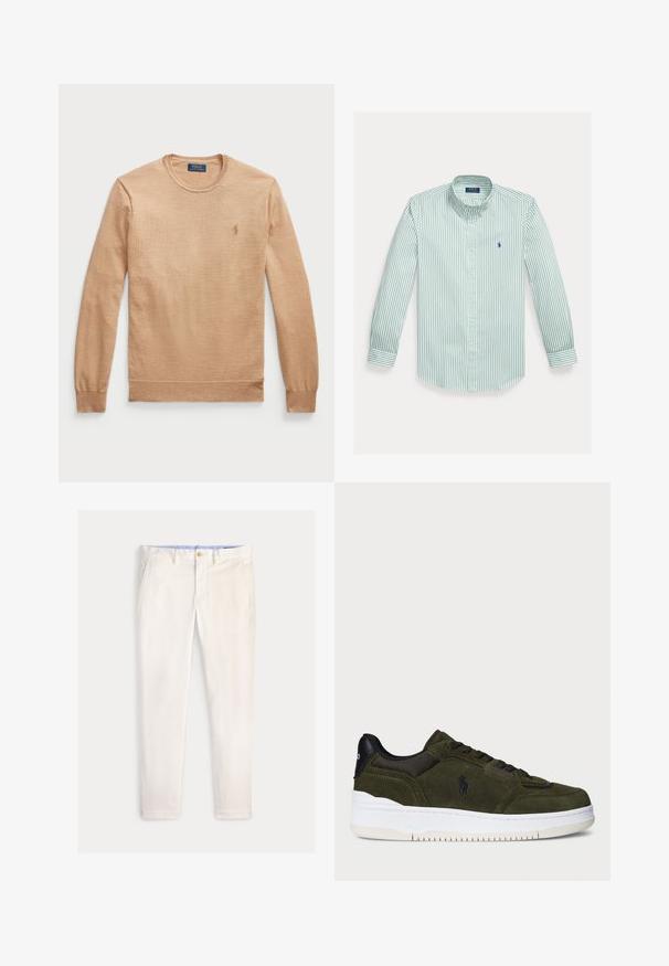 Beige langærmet sweater med rund hals, lavet af et struktureret stof. Har et broderet logo på venstre bryst.; Skjorte med knapper i grønne og hvide lodrette striber, lavet af bomuld. Har klassisk krave, lange ærmer og en lille logo på brystet.; Herre slim-fit off-white bukser med frontlommer, bæltestropper og knaplukning på en ensfarvet baggrund.; Grøn ruskinds sneakers med sort mesh og læderdetaljer, hvid gummisål, afrundet form og præget logo på siden.