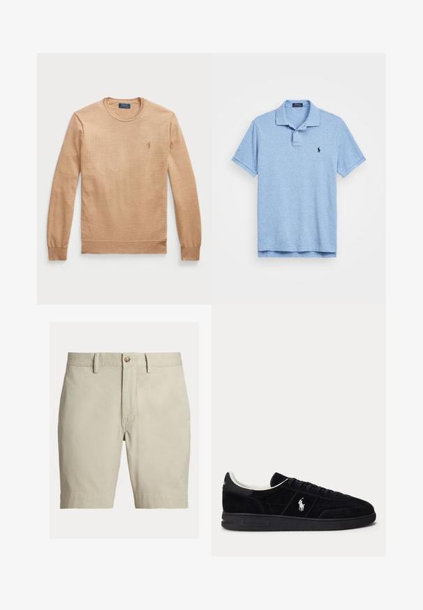 Pull beige à manches longues avec col rond, fabriqué dans un tissu texturé. Présente un logo brodé sur la poitrine gauche.; Polo bleu clair, à manches courtes, avec un col, deux boutons, logo brodé sur la poitrine gauche, fabriqué en tissu texturé.; Short beige longueur genou avec passants pour ceinture, fermeture par bouton et braguette zippée, présenté sur fond blanc.; Baskets basses noires avec lacets noirs, doublure intérieure blanche et logo Polo Ralph Lauren blanc sur le côté et le talon.