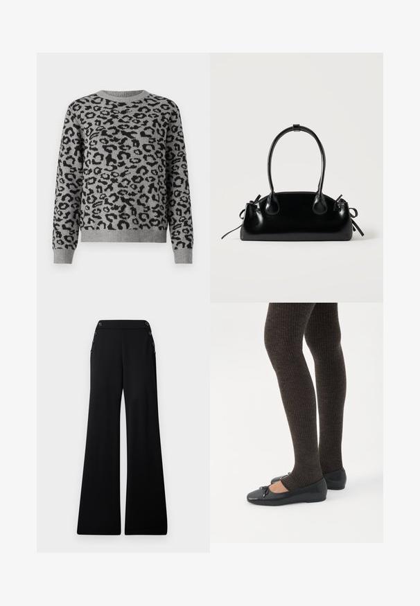 Grå sweater med et sort leopardprintmønster. Har en rund hals og ribbestrikkede manchetter og kant. Fremstillet af blødt strikkemateriale.; Sorte brede bukser med høj talje og dekorative knapper langs de øverste sidesømme, præsenteret på en hvid baggrund.; Ben iført mørke ribbede leggings kombineret med sorte balletsko med små sløjfedetaljer på hvid baggrund.; Lille sort blank håndtaske med to lange håndtag og snøre-detaljer i siden på en ensfarvet lys baggrund.