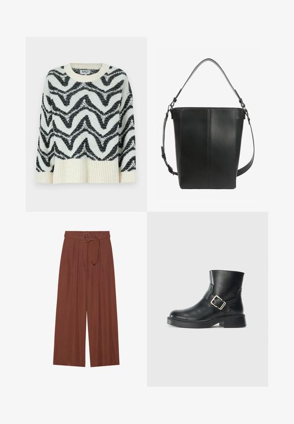Pull en tricot crème et noir avec un motif en zigzag. Encolure arrondie, ourlet côtelé et coupe décontractée créent une apparence texturée.; Pantalons à jambes larges en tissu marron, avec une ceinture à boucle carrée, un design plissé et une texture lisse.; Botte de cheville en cuir noir avec un bout arrondi, une boucle en métal argenté et un talon empilé. Texture lisse, design minimaliste.; Sac seau en cuir noir avec des coutures verticales, une poignée courte et une bandoulière ajustable avec des fermoirs métalliques.