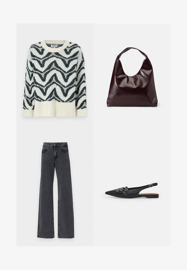 Pull en tricot crème et noir avec un motif en zigzag. Encolure arrondie, ourlet côtelé et coupe décontractée créent une apparence texturée.; Jean flare en denim noir avec taille haute, présentant deux poches avant et des détails de couture subtils le long des coutures.; Chaussure plate noire en cuir avec un bout pointu, dotée de deux lanières horizontales et de boucles carrées en argent, avec un faible talon et une texture lisse.; Sac en cuir vegan bordeaux, brillant, avec une forme douce et sculpturale et une large poignée incurvée pour un transport facile.