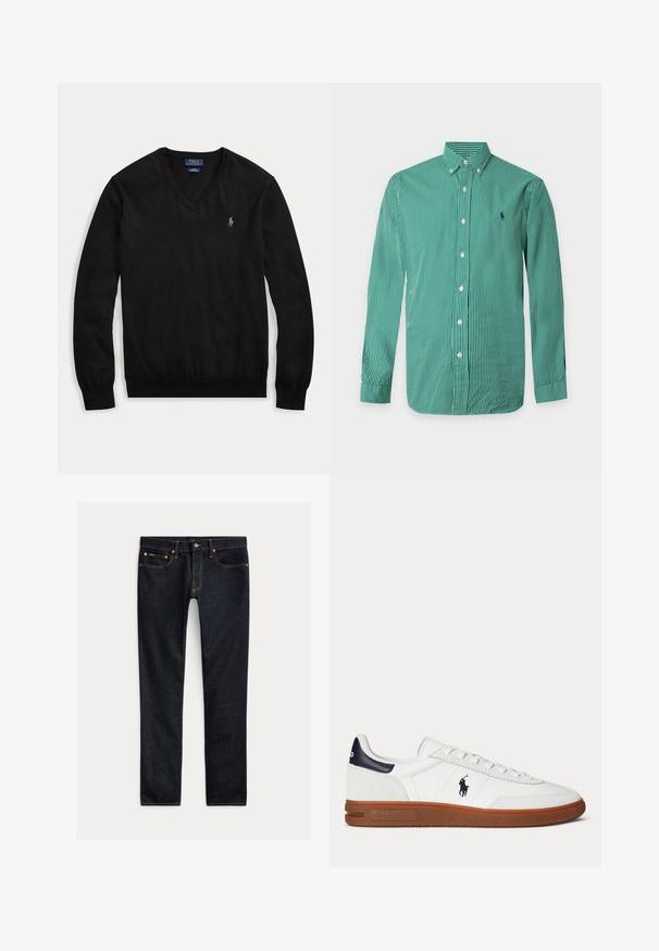 Pull noir à manches longues col en V avec un petit logo blanc brodé sur le côté gauche de la poitrine et des poignets et un ourlet côtelés.; Chemise à manches longues à rayures verticales vertes et blanches, col boutonné et boutons sur le devant, avec un petit logo brodé sur la poitrine.; Jean slim bleu foncé avec cinq poches, fermeture à boutons et coutures contrastées, posé à plat sur un fond clair.; Baskets basses blanches avec semelle marron, patch noir au talon, logo brodé d’un joueur de polo, et lacets blancs.