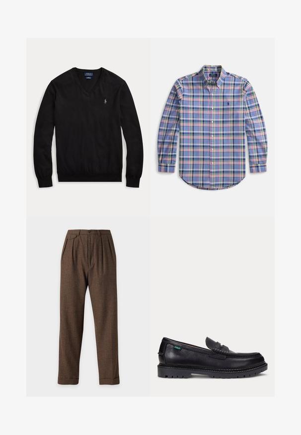 Pull noir à manches longues col en V avec un petit logo blanc brodé sur le côté gauche de la poitrine et des poignets et un ourlet côtelés.; Chemise boutonnée à motif à carreaux bleu avec des accents roses, verts et blancs. Manches longues, col, et ourlet incurvé. Présente un logo sur la poitrine.; Pantalon marron à carreaux taille haute avec plis, fermeture bouton et zip, poches latérales, et ourlet retroussé.; Mocassin en cuir noir avec une semelle épaisse à crampons et une petite étiquette verte "Polo" sur le côté extérieur, près du talon.