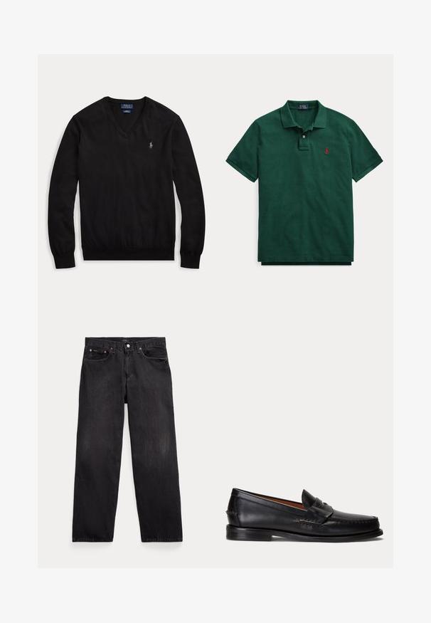 Pull noir à manches longues col en V avec un petit logo blanc brodé sur le côté gauche de la poitrine et des poignets et un ourlet côtelés.; Polo vert à manches courtes avec col, deux boutons sur la patte de boutonnage et un petit logo rouge brodé sur la poitrine gauche.; Jean droit noir en denim avec cinq poches, fermeture par boutons et rivets métalliques visibles sur les poches avant.; Mocassin en cuir noir avec un petit talon et une bride penny, vu de côté sur un fond gris clair.