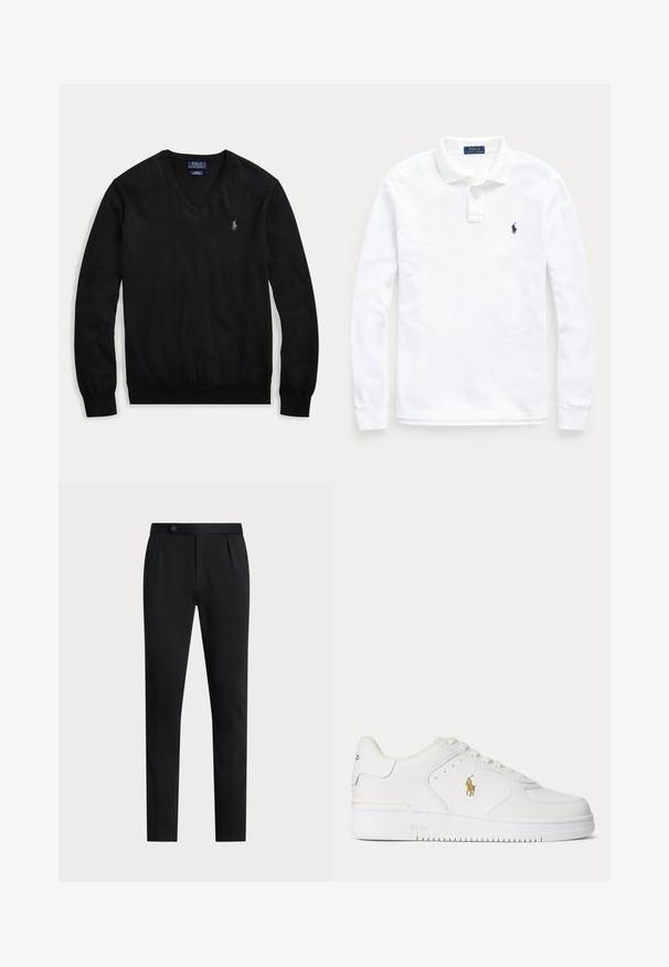 Pull noir à manches longues col en V avec un petit logo blanc brodé sur le côté gauche de la poitrine et des poignets et un ourlet côtelés.; Polo blanc à manches longues avec col, patte de boutonnage à deux boutons et petit logo cheval brodé bleu marine sur la poitrine gauche.; Pantalon noir en tissu lisse avec une coupe ajustée, doté d'une fermeture à un bouton et de deux plis avant pour plus de structure.; Baskets basses en cuir blanc avec lacets blancs et logo Polo Ralph Lauren doré sur le côté, avec "Polo" embossé sur la semelle.