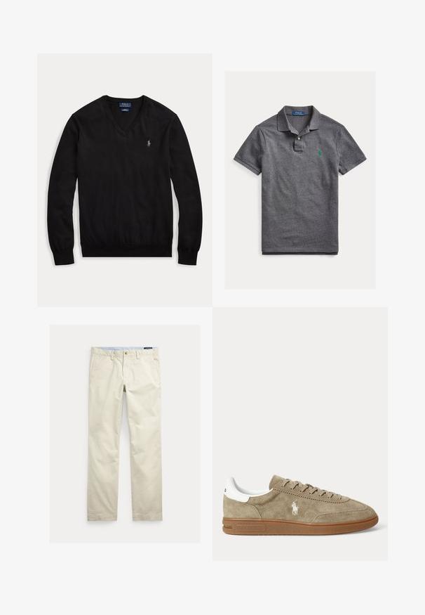 Schwarzer Langarm-V-Ausschnitt-Pullover mit kleinem weißem, besticktem Logo auf der linken Brust sowie gerippten Bündchen und Saum.; Dunkelgraues Polo Ralph Lauren Poloshirt aus Baumwolle mit kurzen Ärmeln, grün besticktem Logo und Zwei-Knopf-Leiste auf weißem flachem Hintergrund.; Beige Baumwollhosen mit geradem Bein, Gürtelschlaufen, vorderem Knopf, Reißverschluss und Seitentaschen.; Beiger Wildleder-Sneaker in niedrigem Schnitt mit brauner Sohle, weißem Fersendetail, Schnürsenkeln und weißem, seitlich gesticktem Polo-Spieler-Logo.