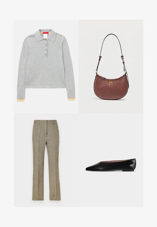 Polo à manches longues gris en tissu texturé, avec col à pointes, patte de boutonnage à quatre boutons et détail jaune sur les poignets.; Pantalons ajustés à carreaux beiges et noirs avec une jambe droite, dotés de passants de ceinture et de poches latérales, fabriqués dans un tissu lisse.; Chaussure plate en cuir noir pour femme, avec bout pointu et petit talon, vue de côté sur un fond gris clair uni.; Sac d'épaule en cuir marron en forme de croissant avec bandoulière réglable et petit logo doré sur le devant, sur fond blanc.