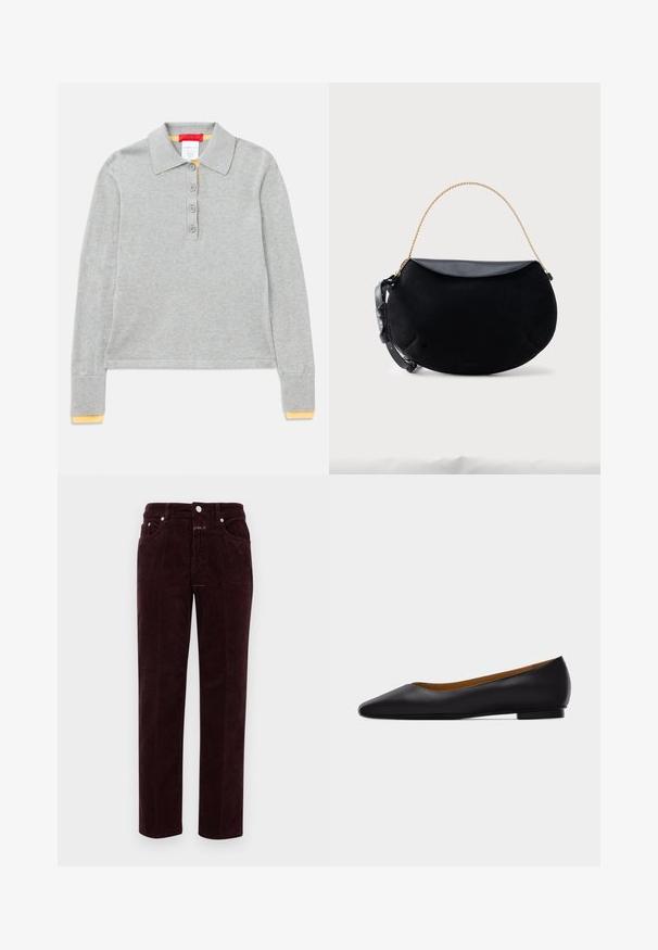 Polo à manches longues gris en tissu texturé, avec col à pointes, patte de boutonnage à quatre boutons et détail jaune sur les poignets.; Pantalons en velours côtelé bordeaux à coupe droite, avec poches avant et quincaillerie en métal argenté. Le tissu présente une texture côtelée.; Chaussure plate en cuir noir à bout pointu avec talon bas et finition lisse, vue de côté sur un fond gris clair.; Sac à main noir en forme de croissant avec rabat en cuir lisse, anse chaîne dorée et sangle en cuir noir réglable sur fond blanc.