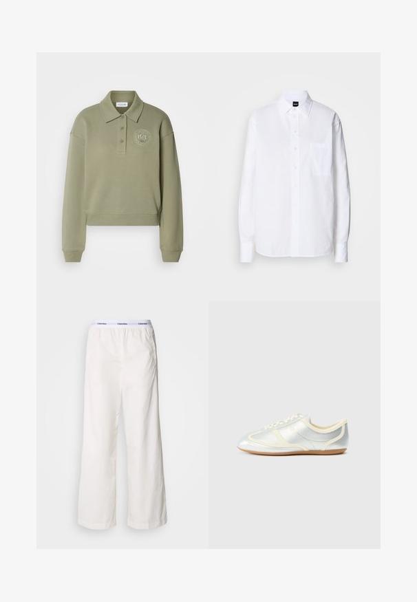 Polo sweatshirt court en vert olive avec des manches longues, deux boutons et un logo brodé rond sur la poitrine. Texture de tissu douce.; Chemise blanche à boutons, en coton, avec un col classique, des manches longues, une poche poitrine et une texture lisse et structurée.; Pantalons larges blancs avec une taille élastique arborant un logo Calvin Klein en contraste. Fabriqués à partir d'un tissu lisse, ils offrent une coupe décontractée.; Baskets synthétiques argentées avec accents crème, profil bas, bout arrondi et semelle en caoutchouc plate ; dotées de coutures classiques et d'une fermeture à lacets.