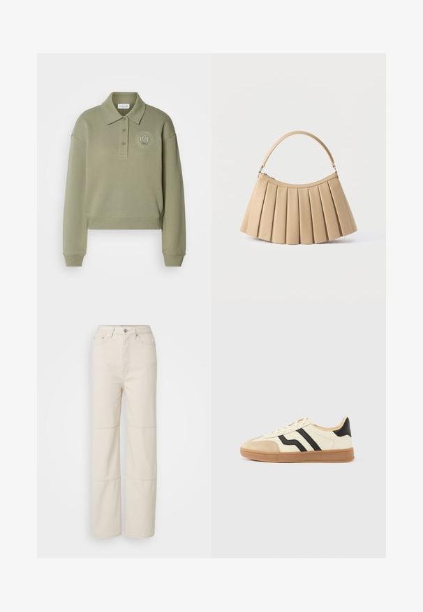 Polo sweatshirt court en vert olive avec des manches longues, deux boutons et un logo brodé rond sur la poitrine. Texture de tissu douce.; Jean large beige clair en coton. Présente une taille haute, une fermeture à bouton à l'avant et deux accents de couture horizontaux sur les jambes.; Baskets à lacets avec une tige crème ornée de rayures noires et un bout en daim, complétées par une semelle en caoutchouc marron.; Sac à main plissé beige avec fermeture éclair incurvée en haut et poignée arquée simple, présenté sur un fond blanc.