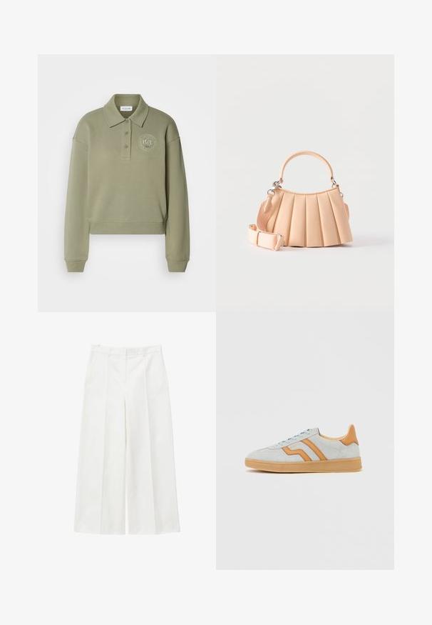 Polo sweatshirt court en vert olive avec des manches longues, deux boutons et un logo brodé rond sur la poitrine. Texture de tissu douce.; Pantalon large blanc taille haute avec plis avant, poches latérales, passants pour ceinture et fermeture avant dissimulée.; Baskets en daim gris clair avec des accents en cuir marron clair, semelle en gomme et lacets bleu clair, présentées de profil sur un fond blanc.; Sac à main plissé beige avec poignée arrondie et bandoulière en tissu côtelé détachable sur fond blanc.