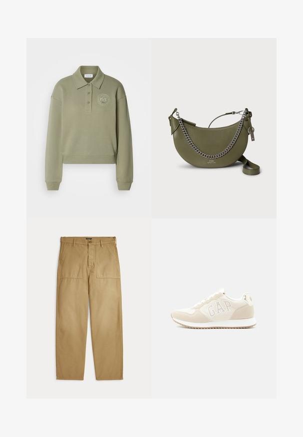 Polo sweatshirt court en vert olive avec des manches longues, deux boutons et un logo brodé rond sur la poitrine. Texture de tissu douce.; Pantalon beige droit avec poches plaquées à l'avant, passants pour ceinture, fermeture par bouton et fermeture éclair.; Baskets beiges et blanches à lacets avec le logo "GAP" sur le côté et une semelle en caoutchouc rainurée, présentées en vue de profil sur un fond uni.; Sac bandoulière en cuir vert olive à forme incurvée, avec une chaîne argentée comme bandoulière et un détail de logo à l'avant. Texture lisse avec des accents minimaux.