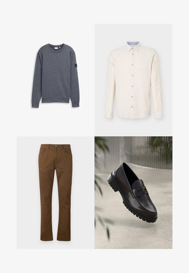 Sweatshirt gris à manches longues en tissu texturé, avec col rond et poignets côtelés. Présente un design minimaliste sans embellissements.; Chemise beige à manches longues avec boutons, col pointu, sept boutons visibles et un détail intérieur du col bleu clair.; Pantalons droits marron avec fermeture à bouton et zip sur le devant, poches avant et arrière, et passants de ceinture.; Mocassins en cuir marron avec une semelle en caoutchouc texturée et striée. Présente un design épuré et une sangle décorative sur le cou-de-pied.