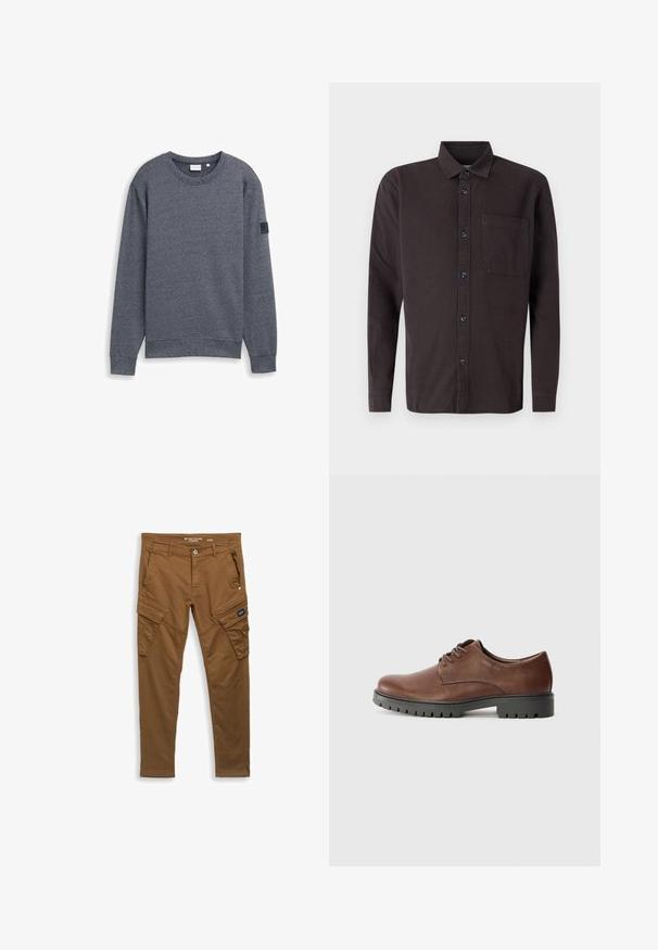 Grå langærmet sweatshirt lavet af tekstureret stof med rund hals og ribbede manchetter. Har et minimalistisk design uden udsmykninger.; Mørkebrun langærmet skjorte lavet af bomuld, med knap-ned krave, brystlomme og sorte knapper til lukning.; Brune lige cargo bukser med frontknap, bælte-loops, sidelommer og baglommer samt klaplukninger på lommen på låret.; Brune læder oxford sko med en glat tekstur, rund tå og sål i sort gummi med et mønster. Snører fastgjort foran.