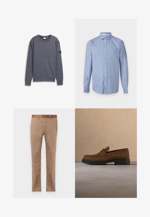 Grauer Langarm-Sweatshirt aus strukturiertem Stoff mit Rundhalsausschnitt und gerippten Bündchen. Verfügt über ein minimalistisches Design ohne Verzierungen.; Langärmliges Hemd mit Knopfleiste, kleinem blau-weiß kariertem Muster, klassischem Kragen und aufgesetzter Brusttasche vor neutralem Hintergrund.; Beige Baumwollchinos mit geradem Schnitt, ausgestattet mit einem braunen Ledergürtel, zwei Fronttaschen und einer glatten Textur.; Dunkelbrauner Lederloafer mit dicker schwarzer Gummisohle, dargestellt über beigem Teppich und Sofa-Hintergrund.