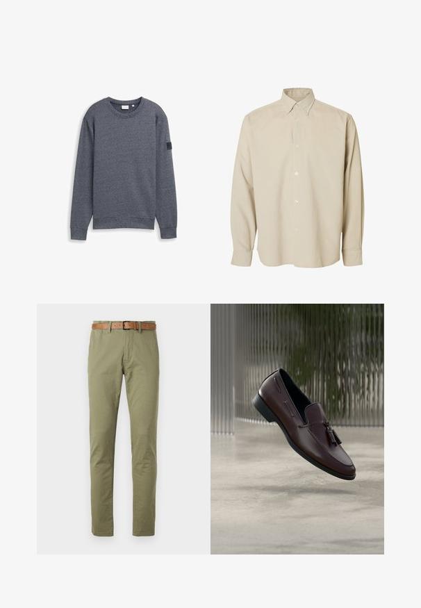 Grå langærmet sweatshirt lavet af tekstureret stof med rund hals og ribbede manchetter. Har et minimalistisk design uden udsmykninger.; Beige langærmet skjorte med knapper, spids krave og knappede manchetter, vist mod en ensfarvet hvid baggrund.; Olivenfarvede bomuldsbukser med lige ben, der har et brunt læderbælte og en glat struktur. Enkle forlommer.; Brune læder loafers med en glat tekstur, med dekorative kvaster og en forhøjet sømdetalje, sat mod en minimalistisk baggrund.