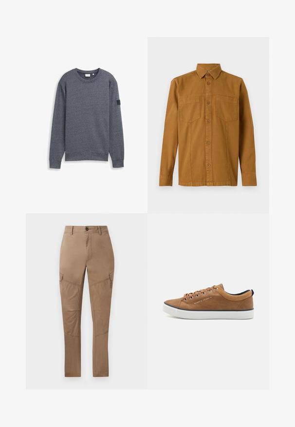 Grauer Langarm-Sweatshirt aus strukturiertem Stoff mit Rundhalsausschnitt und gerippten Bündchen. Verfügt über ein minimalistisches Design ohne Verzierungen.; TOM TAILOR Hemd - deep cognac; Cargo-Hosen aus leichtem braunem Baumwollmix. Mit seitlichen Taschen, geraden Beinen und Nähdetails. Glatte Textur mit strapazierfähigem Finish.; Braune Leder-Sneaker mit runder Zehenpartie, weißer Sohle und marineblauen Akzenten. Verfügt über Metallösen und einen strukturierten Kragen.