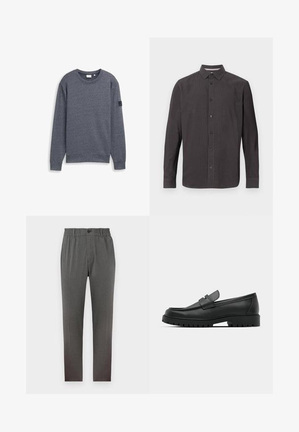 Grauer Langarm-Sweatshirt aus strukturiertem Stoff mit Rundhalsausschnitt und gerippten Bündchen. Verfügt über ein minimalistisches Design ohne Verzierungen.; Langärmliges Hemd mit Knöpfen im dunklen Karomuster. Verfügt über einen klassischen Kragen, eine Brusttasche und schwarze Knöpfe. Hergestellt aus leichtem Stoff.; Graue Hose mit maßgeschneidertem Design, ausgestattet mit einem elastischen Bund, Knopfverschluss und geraden Beinen; gefertigt aus weichem, strukturiertem Stoff.; Schwarze Lederloafer mit runder Zehenform, ausgestattet mit einem gesteppten Design, niedrigem Plattformsohle und einer strukturierten, genoppten Gummisohle.