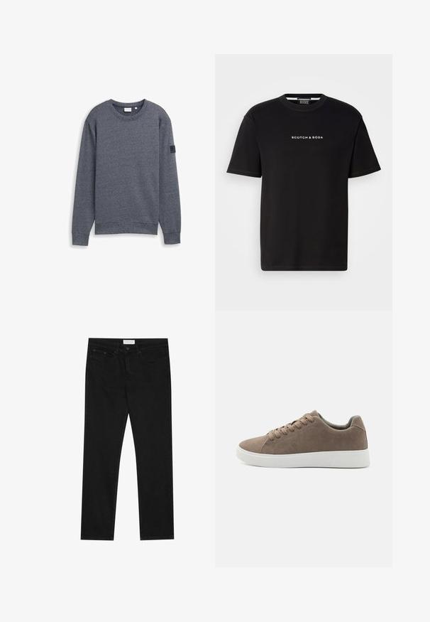 Grauer Langarm-Sweatshirt aus strukturiertem Stoff mit Rundhalsausschnitt und gerippten Bündchen. Verfügt über ein minimalistisches Design ohne Verzierungen.; Schwarzes Baumwoll-T-Shirt mit Rundhalsausschnitt, kurzen Ärmeln und weißem, gesticktem Text "SCOTCH & SODA" auf der Vorderseite. Glatte Textur.; Schwarze gerade Jeans mit Fünf-Taschen-Design, Knopf- und Reißverschluss, und einem Pier One-Label am Bund.; Braune Wildledersneaker mit flachen weißen Gummisohlen, Schnürdesign, abgerundete Zehen und einer glatten Textur. Minimalistischer Stil mit dezenten Nähdetails.
