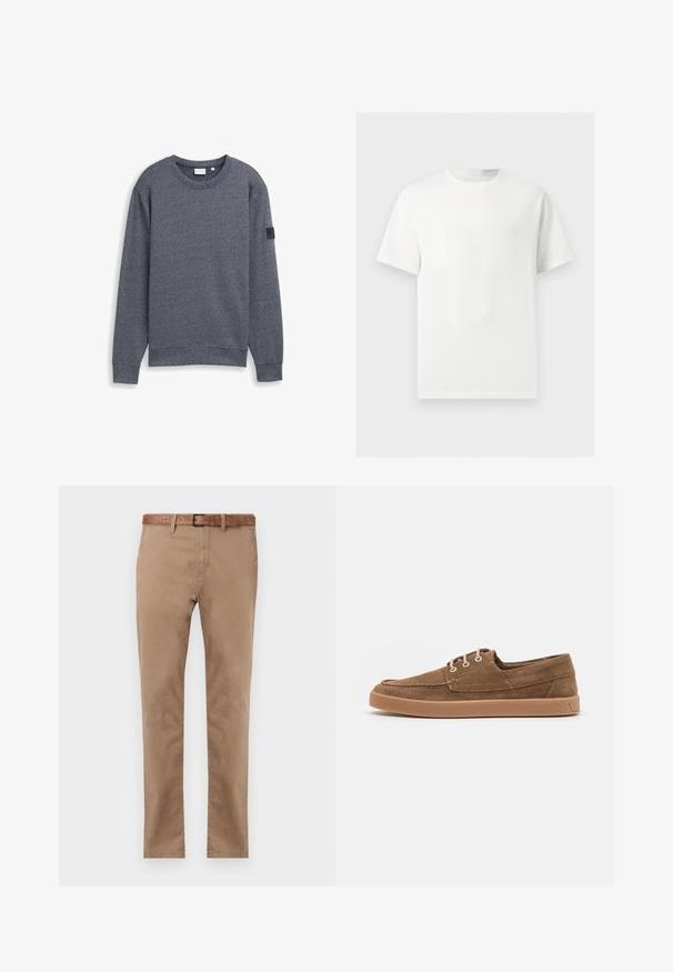Grauer Langarm-Sweatshirt aus strukturiertem Stoff mit Rundhalsausschnitt und gerippten Bündchen. Verfügt über ein minimalistisches Design ohne Verzierungen.; Ein einfaches weißes T-Shirt mit kurzen Ärmeln und Rundhalsausschnitt, dargestellt auf einem hellgrauen Hintergrund.; Beige Baumwollchinos mit geradem Schnitt, ausgestattet mit einem braunen Ledergürtel, zwei Fronttaschen und einer glatten Textur.; Braune Wildlederschuhe für die Freizeit mit niedrigem Profil, Schnürdesign und einer beige Gummisohle. Mit weißen Ösen und gesteppten Details entlang der Kanten.