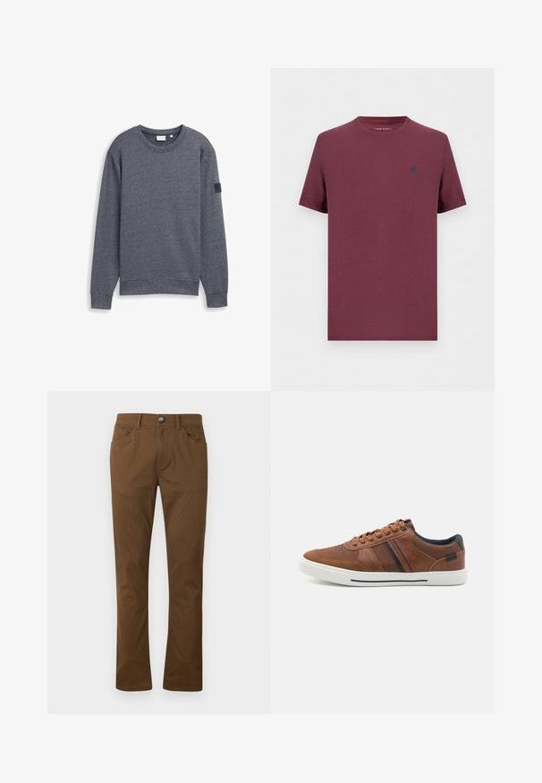 Grå langærmet sweatshirt lavet af tekstureret stof med rund hals og ribbede manchetter. Har et minimalistisk design uden udsmykninger.; Almindelig t-shirt med korte ærmer og rund hals i bordeaux med et lille mørkt emblem på venstre bryst fra Pier One.; Brune lige bukser med forknytte og lynlås, for- og baglommer samt bæltestropper.; Brune lædersneakers med en glat overflade, hvid gummisål, sorte accenter og dekorativ syning med sidelæg.