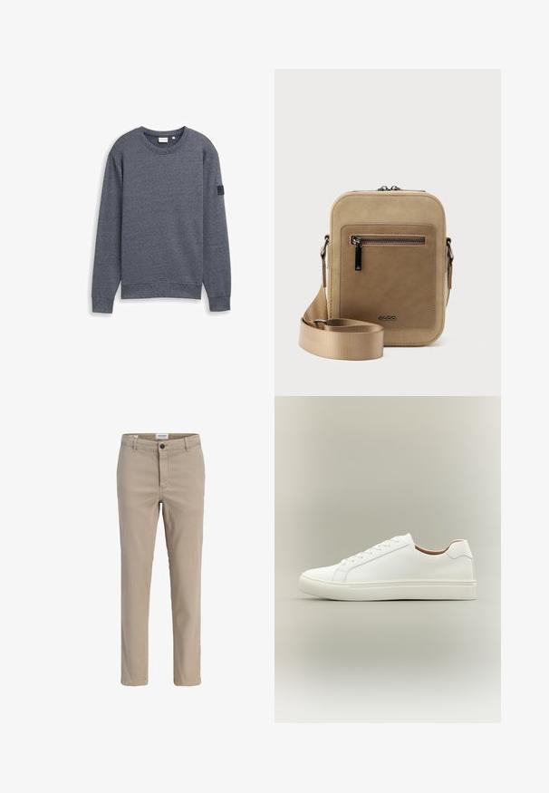 Sweatshirt gris à manches longues en tissu texturé, avec col rond et poignets côtelés. Présente un design minimaliste sans embellissements.; Chinos beige slim fit pour hommes avec fermeture bouton et fermeture éclair, passants de ceinture et poches avant.; Baskets blanches basses avec fermeture à lacets et semelle plate, vues de côté sur un fond neutre.; Petit sac bandoulière beige avec poche avant zippée, logo métallique ALDO, sangle large ajustable et forme rectangulaire arrondie sur fond blanc.