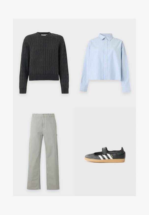 Pull en maille torsadée gris foncé avec manches longues, poignets, ourlet et col rond côtelés, présenté sur un fond uni.; Chemise bleu clair à manches longues avec des rayures verticales blanches, un col, une patte de boutonnage à l'avant et de larges poignets sur un fond uni.; Pantalon droit pour homme avec fines rayures verticales noires et blanches, fermeture boutonnée, passants pour ceinture et poches latérales.; Sneaker en cuir noir et suède avec une sangle Velcro, arborant trois bandes blanches et une semelle en caoutchouc, étiqueté "SAMBA" sur le côté.