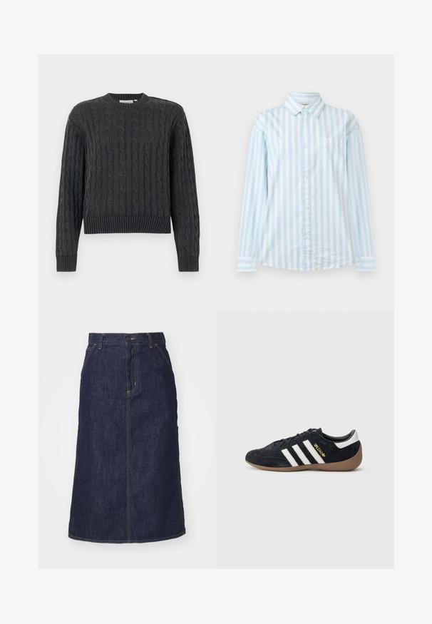 Pull en maille torsadée gris foncé avec manches longues, poignets, ourlet et col rond côtelés, présenté sur un fond uni.; Chemise à manches longues à rayures verticales bleu clair et blanches, avec une poche poitrine et un col classique.; Jupe en denim foncé à taille haute, coupe droite, poches avant et coutures surpiquées. Fermeture à glissière et bouton à la taille.; Baskets en daim noir avec trois bandes blanches, semelle en caoutchouc beige, et un petit logo doré sur le côté. Dotées d'une doublure intérieure noire lisse.