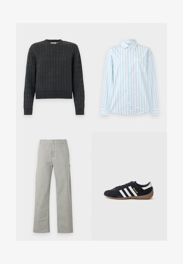 Pull en maille torsadée gris foncé avec manches longues, poignets, ourlet et col rond côtelés, présenté sur un fond uni.; Chemise à manches longues à rayures verticales bleu clair et blanches, avec une poche poitrine et un col classique.; Pantalon droit pour homme avec fines rayures verticales noires et blanches, fermeture boutonnée, passants pour ceinture et poches latérales.; Baskets en daim noir avec trois bandes blanches, semelle en caoutchouc beige, et un petit logo doré sur le côté. Dotées d'une doublure intérieure noire lisse.