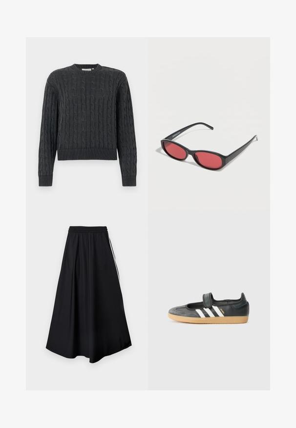 Pull en maille torsadée gris foncé avec manches longues, poignets, ourlet et col rond côtelés, présenté sur un fond uni.; Pantalon noir à jambes larges avec taille élastique et bandes blanches sur les côtés, présenté sur un fond blanc uni.; Sneaker en cuir noir et suède avec une sangle Velcro, arborant trois bandes blanches et une semelle en caoutchouc, étiqueté "SAMBA" sur le côté.; Lunettes de soleil ovales noires avec des branches fines et des verres teintés rouges posées sur une surface blanche.