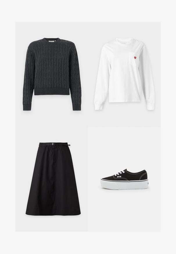Pull en maille torsadée gris foncé avec manches longues, poignets, ourlet et col rond côtelés, présenté sur un fond uni.; T-shirt blanc à manches longues avec col rond et poche poitrine, présentant un petit logo rouge en forme de cœur sur le côté droit.; Jupe noire en ligne A avec ceinture intégrée et boucle, avec une petite étiquette logo sur le côté droit de la ceinture.; Baskets en toile noires avec une semelle en caoutchouc blanc, dotées de lacets et de coutures blanches, marquage emblématique sur le côté, design basse.