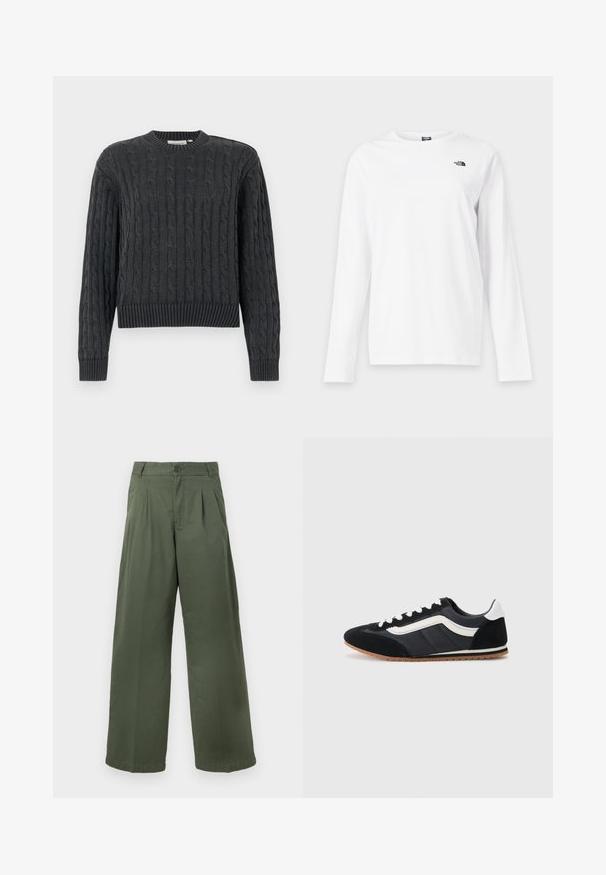 Pull en maille torsadée gris foncé avec manches longues, poignets, ourlet et col rond côtelés, présenté sur un fond uni.; T-shirt blanc à manches longues avec col rond et petit logo noir The North Face sur le côté gauche de la poitrine.; Pantalon large vert en coton, doté d'une fermeture à boutons, de plis à l'avant, d'une texture lisse et d'un ourlet droit.; Chaussure de sport noire avec tige en suède et textile, accents blancs, six œillets et semelle en caoutchouc. Forme élégante avec un profil bas.