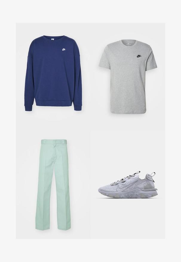 Tumed sinise värvi dressipluus pehmest kangast, millel on ümmargune kaelus, pikad varrukad ja väike valge Nike logo rinnal.; Halli lühikeste varrukatega T-särk, mis on valmistatud puuvillast ja millel on rinnal must Nike'i logo ning ümar kaelus. Minimalistlik disain, ilma mustriteta.; Heledad rohelised puuvillased püksid sirge jala disainiga, millel on sile tekstuur ja tavaline vöökoht koos nööpide lohkudega.; Heled hallid spordijalanõud, millel on hingav võrkkangas ülemine osa, tekstureeritud kummist tald ja peegeldavad detailid. Omab pehmendatud krae ja paelkinnitust.