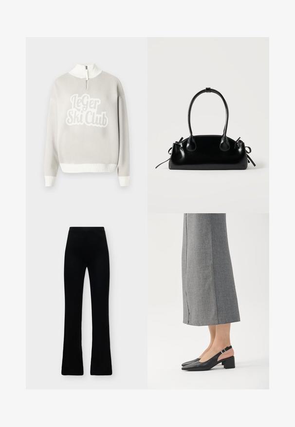 Pull gris clair avec ourlet et col côtelés blancs, présentant un design texturé proéminent "Le Ger Ski Club" sur le devant. Fermeture éclair à moitié ouverte.; Pantalon noir taille haute avec une jambe légèrement évasée, présenté sur un fond clair uni.; Chaussures slingback en cuir noir avec bout pointu, talon bloc et accent de talon rose contrastant. Texture lisse avec un design minimaliste.; Petit sac à main noir brillant avec deux longues anses et des détails à cordon sur les côtés sur un fond clair uni.