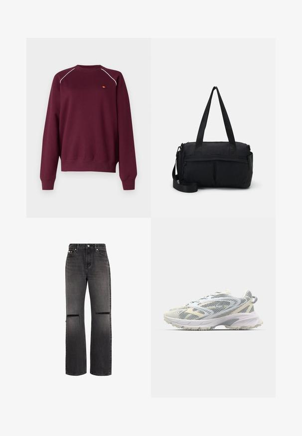 Bordeaux sweatshirt lavet af blødt stof, med hvid piping langs skuldrene og et lille broderet logo på brystet. Regular fit.; Sorte jeans med lige ben, med slidte, vandrette slidser på begge knæ og klassisk fem-lomme design.; Mesh atletiksko i grå og creme, med en tekstureret overdel, forstærket tå og en lysfarvet, robust ydersål for greb.; Sort duffel taske lavet af holdbart nylon. Har to bærehandtag og en aftagelig skulderrem. Lynlåslukning med en forlommer.