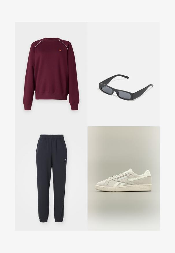 Bordeaux sweatshirt lavet af blødt stof, med hvid piping langs skuldrene og et lille broderet logo på brystet. Regular fit.; Sorte sweatpants med elastisk talje, to sidelommer og et lille hvidt logo på venstre hofte. Fremstillet af blødt stof med en glat overflade.; Lav-skoet off-white Reebok sneaker med snørebånd foran, tekstureret sål og subtil Reebok-logo på siden og hælen mod en ensfarvet baggrund.; Sorte rektangulære solbriller med mørke linser og tykke matte stel. Armen er let tilspidset med en glat overflade.