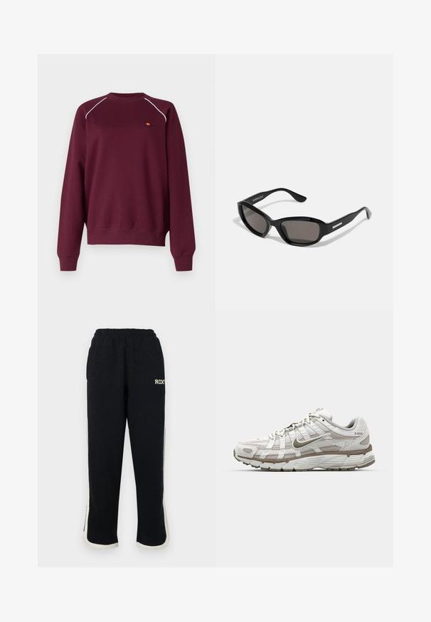 Bordeaux sweatshirt lavet af blødt stof, med hvid piping langs skuldrene og et lille broderet logo på brystet. Regular fit.; Sorte sweatpants med elastisk talje, hvide sidelister og et lille logo på forsiden. Fremstillet af et blødt, tekstureret stof.; Hvid atletisk sko med mesh-overdel, lysebrune detaljer og en polstret sål. Har snørrelukning og tekst på siden.; Sorte solbriller med rektangulært stel, mørke linser, glat plastmateriale og en metalaccent på templet.