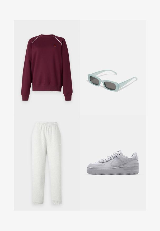 Bordeaux sweatshirt lavet af blødt stof, med hvid piping langs skuldrene og et lille broderet logo på brystet. Regular fit.; Lys grå sweatpants med elastisk talje, tapered ben og ribbede manchetter. Fremstillet af et blødt, tekstureret stof. Hvid logo detalje på siden.; Grå Nike Air Force 1 sneakers med perforeret tå, glat læderoverdel, tyk sål og præget 'AIR' detalje på hælen.; Et par rektangulære solbriller med lyseblå gennemsigtige stel og mørkegrå linser, der har lige templer og minimale hardware detaljer.