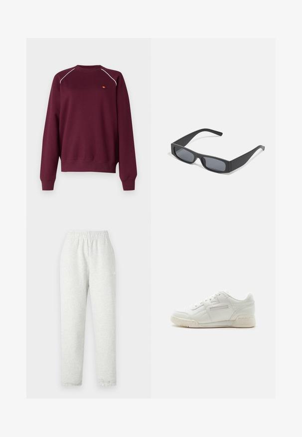 Bordeaux sweatshirt lavet af blødt stof, med hvid piping langs skuldrene og et lille broderet logo på brystet. Regular fit.; Lys grå sweatpants med elastisk talje, tapered ben og ribbede manchetter. Fremstillet af et blødt, tekstureret stof. Hvid logo detalje på siden.; Hvid Reebok lavsko med læderoverdel, snørelukning og tekstureret gummisål, vist fra siden mod en ensfarvet baggrund.; Sorte rektangulære solbriller med mørke linser og tykke matte stel. Armen er let tilspidset med en glat overflade.