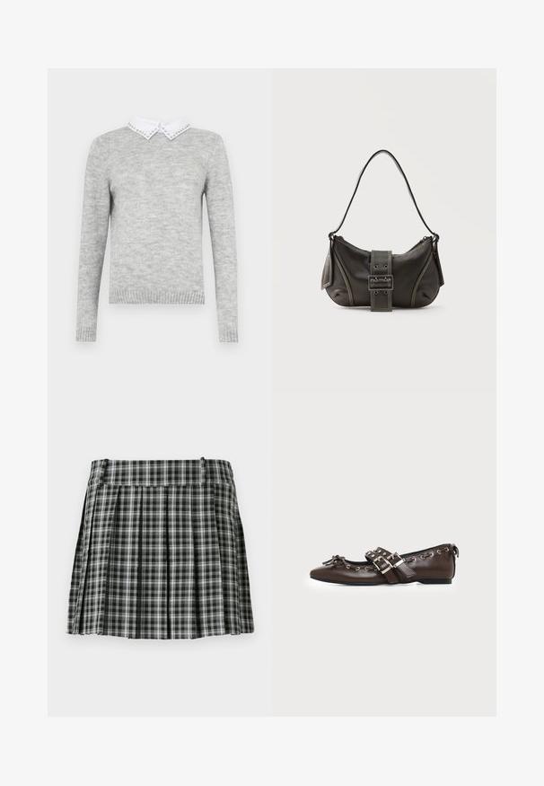 Grå sweater med lange ærmer, der har en hvid krave udsmykket med dekorative nitter. Lavet af et blødt, tekstureret stof.; Sort-hvidt ternet plisseret nederdel med en glat talje og flere lodrette folder. Fremstillet af let stof.; Mørkebrune lædersko med flad sål og spids snude, dobbelt sølvsnørrebånd, metaløjer og dekorativ sløjfe foran.; Sort læder skuldertaske med spænde på remmen, afrundede kanter og kontrasterende hvide syninger på en ensfarvet baggrund.