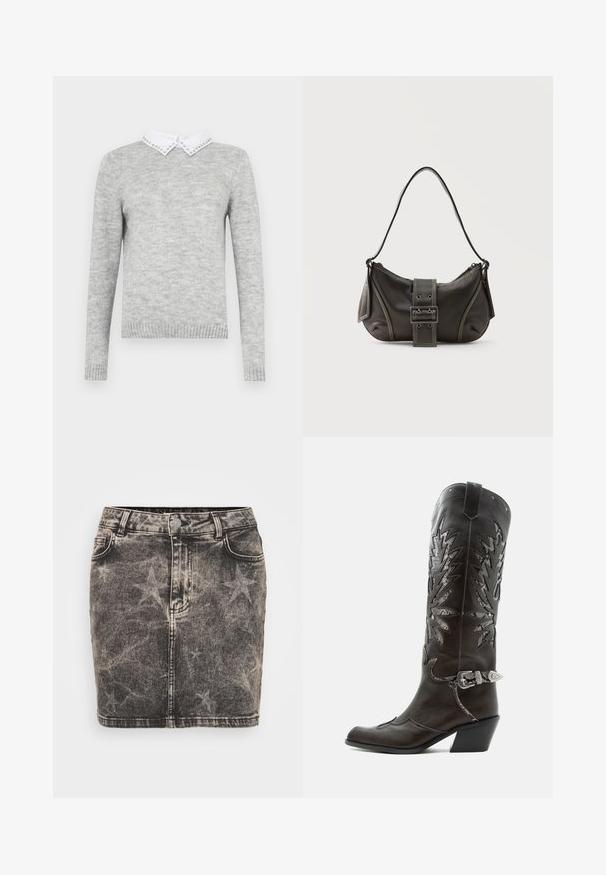 Grå sweater med lange ærmer, der har en hvid krave udsmykket med dekorative nitter. Lavet af et blødt, tekstureret stof.; Sorte denim mini nederdel med falmet stjernemønster. Har høj talje, fem lommer og kontrasterende syninger. Klassisk knaplukning.; Sort læder cowboystøvle med dekorative udskæringer, sølvspænde og skrå hæl, vist på hvid baggrund.; Sort læder skuldertaske med spænde på remmen, afrundede kanter og kontrasterende hvide syninger på en ensfarvet baggrund.